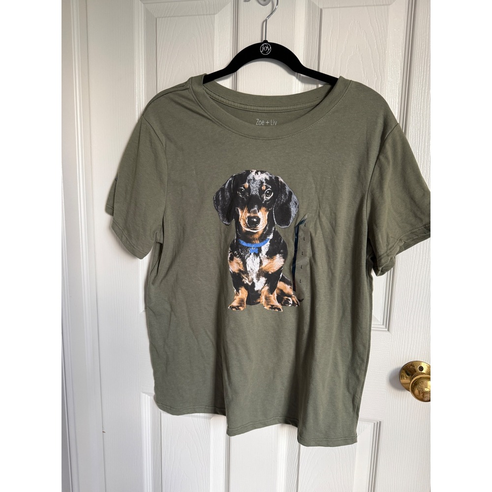 Zoe + Liv Womens Dachshund Graphic T-Shirt Lichen Green Size L
